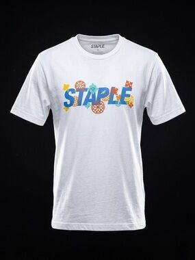Staple Pigeon White Graphic T-Shirt Colorful Logo Print Crew Neck Size S